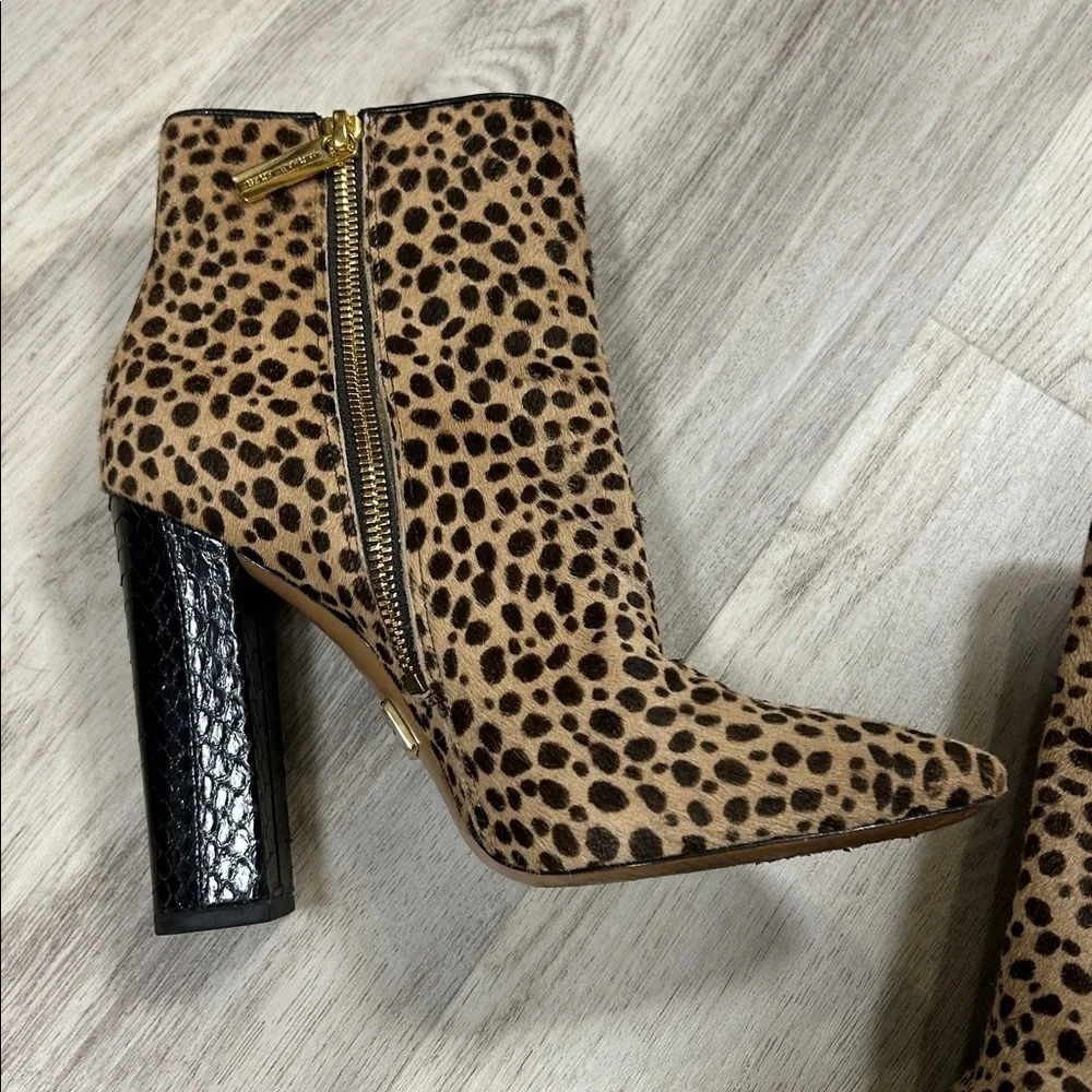Michael Kors Leopard Calf Hair Embossed Leather Gold Zip Chunky Heel Ankle Boots